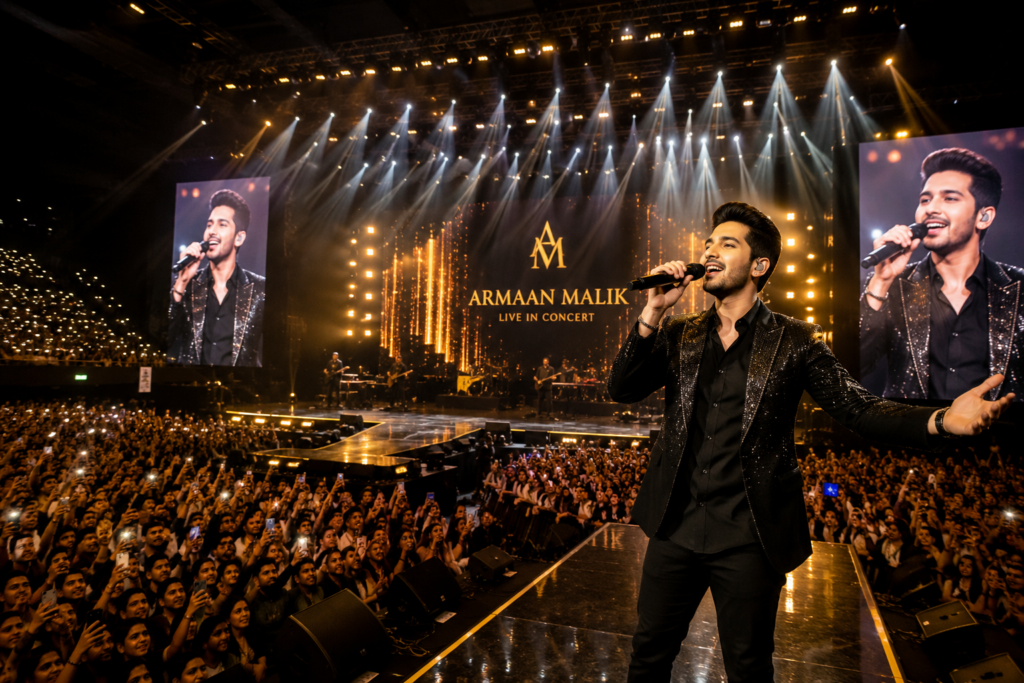 Luxury celebrity singer performing live in concert with crowd and golden stage lights